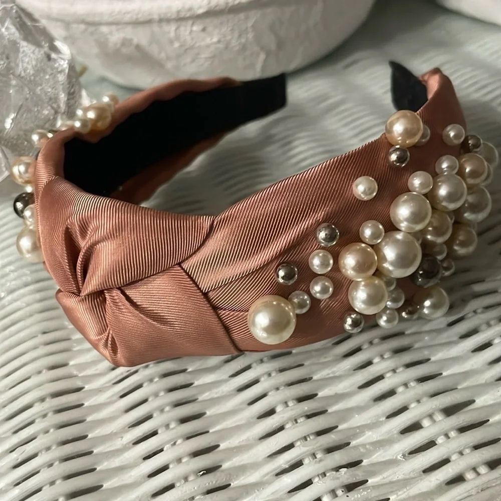 Pink Women's Fashion Wide Faux Pearl Bead Knotted Headband - New